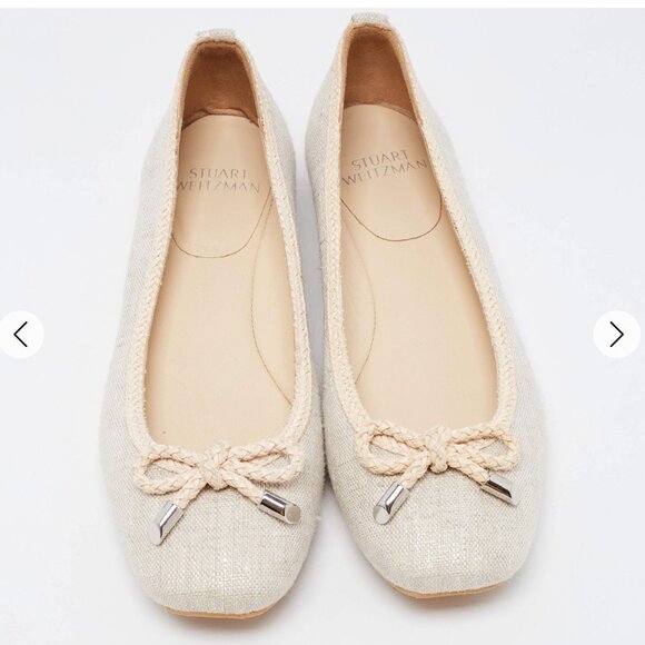Stuart Weitzman Beige Canvas and Leather Trim Bow Detail Ballet Flats Size 8.5N - Picture 1 of 15